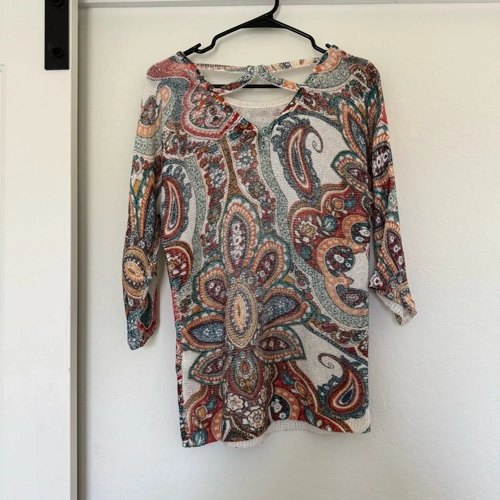 Chico's Women's Paisley Cross-back Detail 3/4 Sleeve Sweater 00 xs Colorful Knit